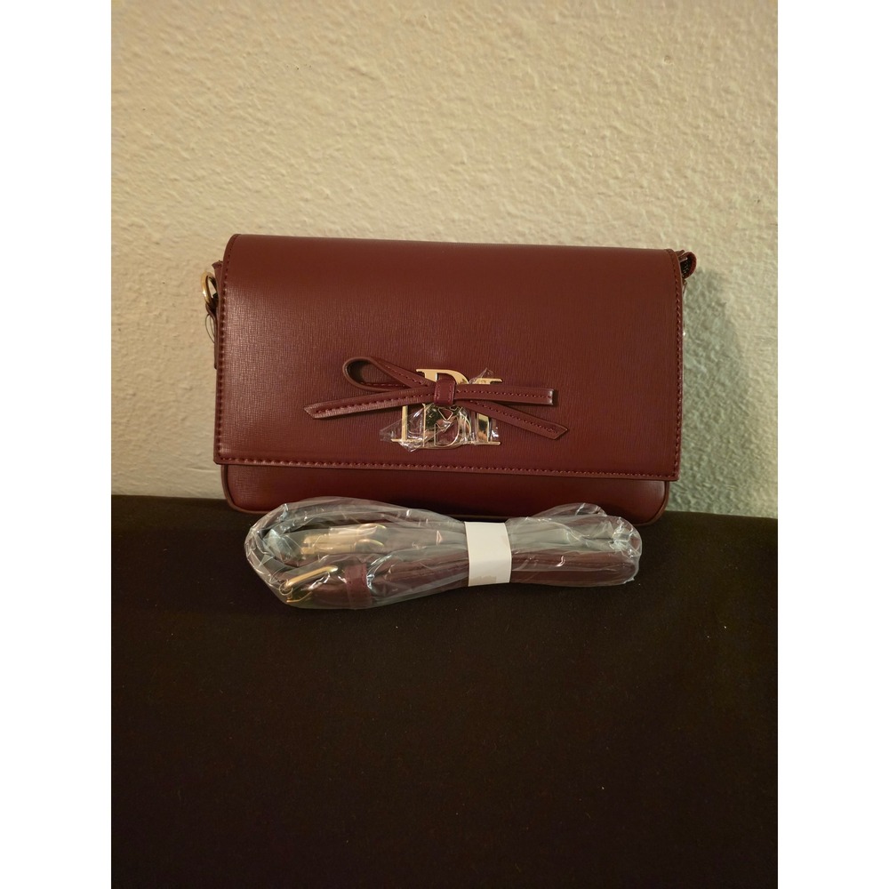 Burgundy Faux Leather Bow Crossbody Bag Gold Hardware New